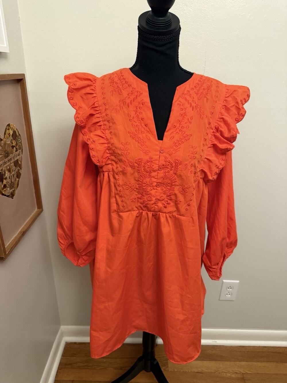 Sunday Up - Orange Ruffle Preppy Embroidered Dress Long Sleeve Sunday Church LG